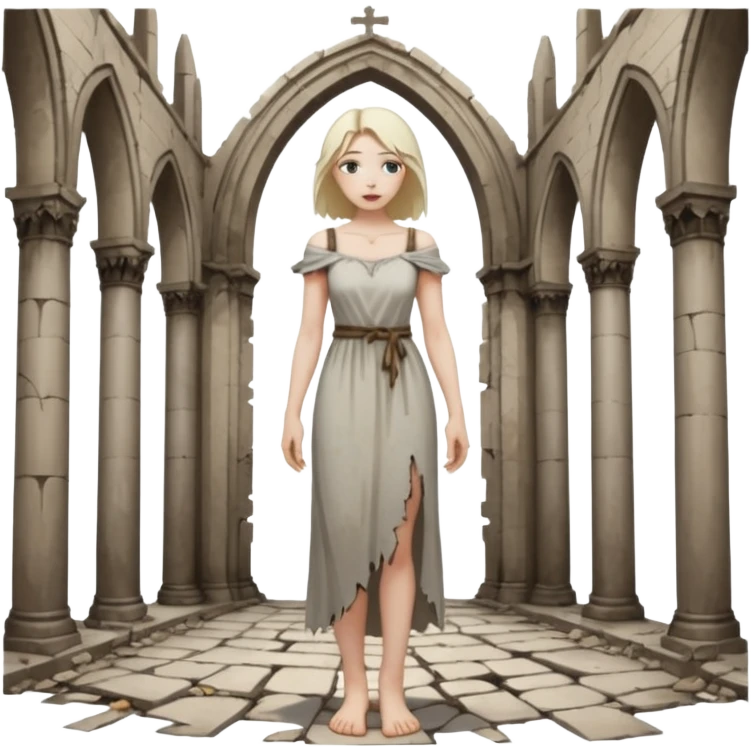 Female figure standing barefoot in ruined cathedral, dress slipping from shoulder emoji