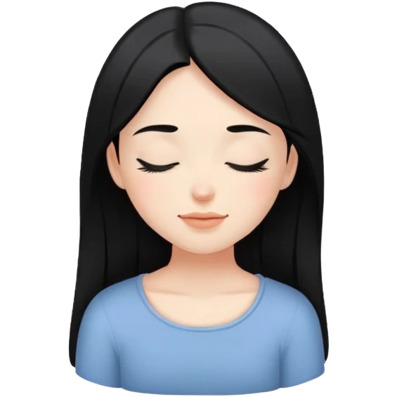 white girl with black hair, eyes closed, gentle smile, calm and serene emoji