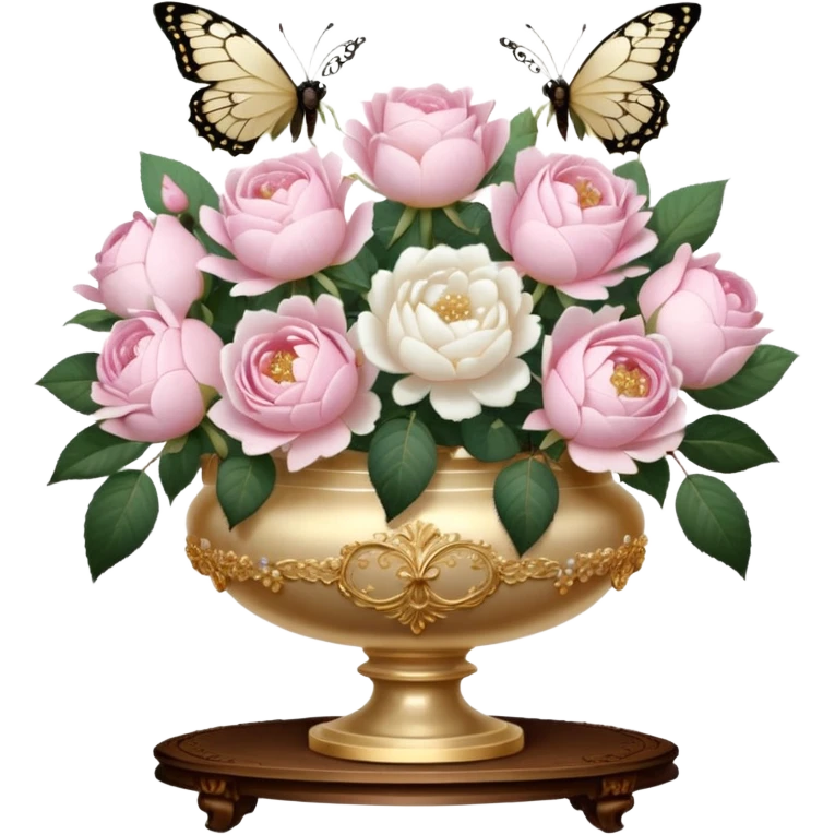 A romantic vintage still life featuring a bouquet of soft pink roses and lush white peonies in an ornate gold-trimmed ivory vase, with delicate pearl butterflies resting on the petals, set on a lace-covered wooden table. Girl  emoji