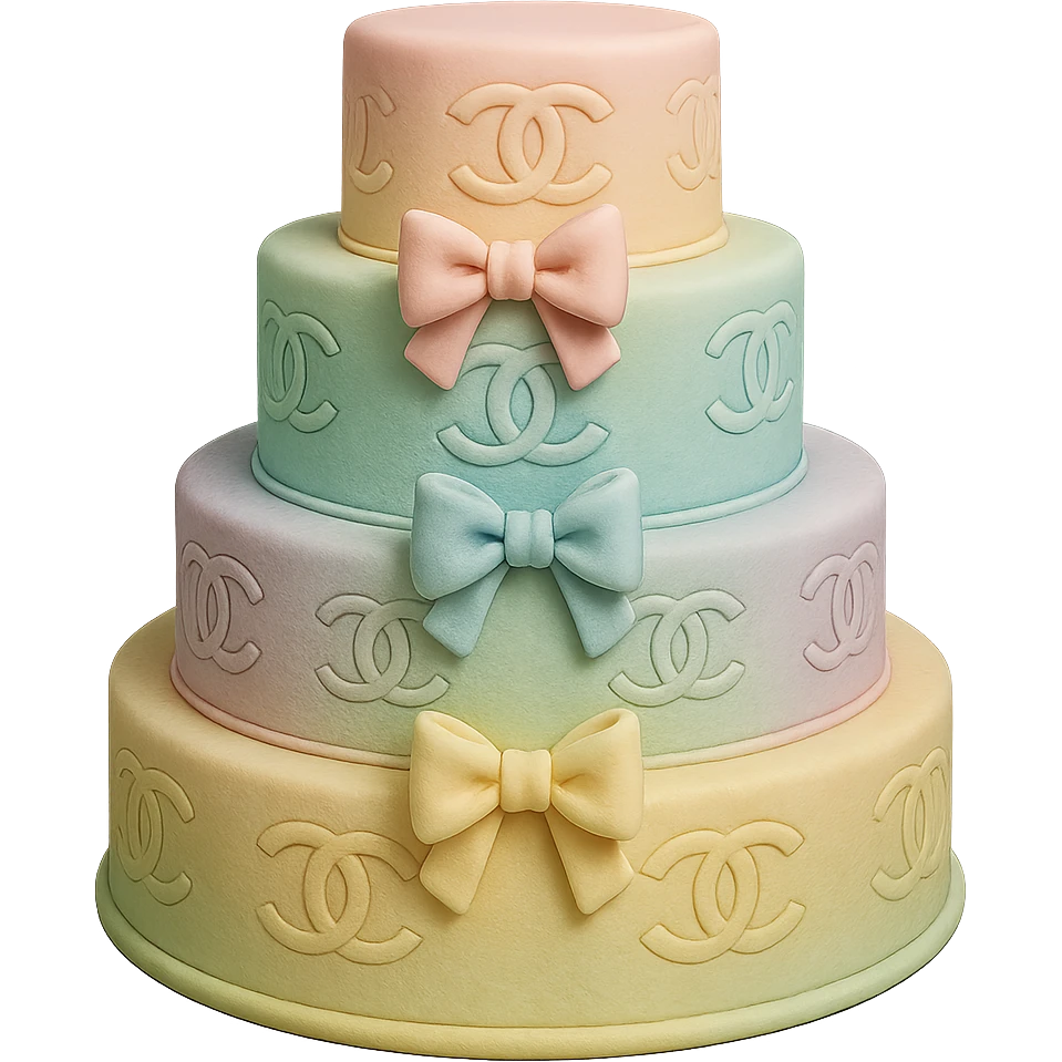 tiered Chanel cake in fondant cake art style, pastel rainbow colors with logo patterns and fondant bows emoji