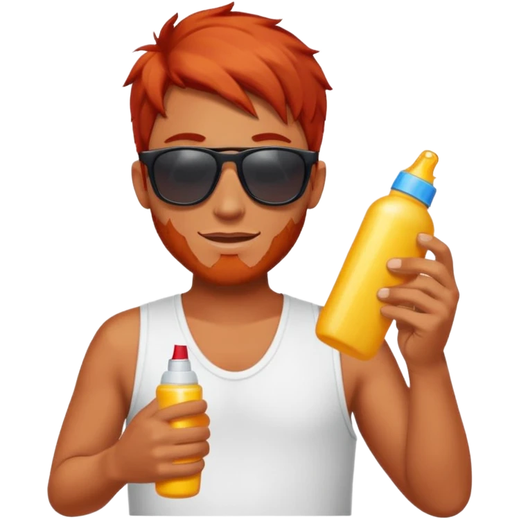 male red haired with suncream bottle and sunglasses, with sun burned emoji