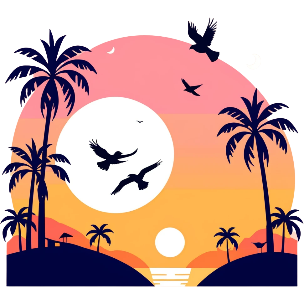 A red yellow and orange sunset with birds blackbird a white moon and with palm trees that are black to look like they’re shadows emoji