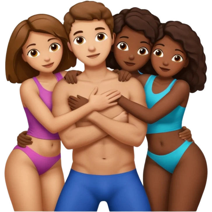 one american italian young brown-haired man surrounded by three african women with large butts hugging him and each other and massaging his crotch emoji