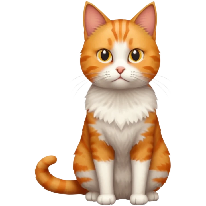 full body white, ginger and tabby cat with skinny head and fat body with an anxious face emoji