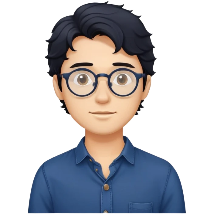 Torso view of young man with longer wavy black hair, round glasses, dark blue casual buttoned shirt emoji