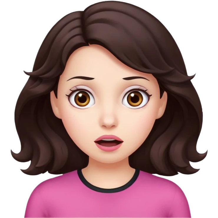 Barbie like emoji of a woman with white skin wavy dark brown hair, brown eyes wearing pink and with a surprised look emoji