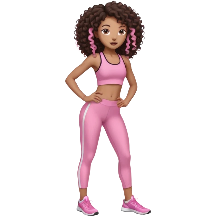 Uma menina negra da pele clara magra definida com roupa de academia rosa, com cabelo cacheados  todo castanho escuro bem grande até a bunda sem muito volume no cabelo emoji