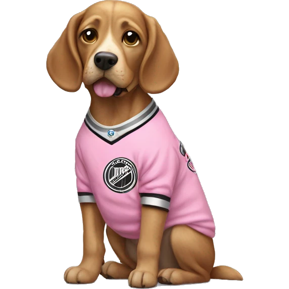 Dog wearing a pink bow sweatshirt with a Stanley cup emoji