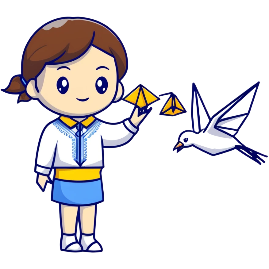 Ukrainian young girl with brown hair wearing a white embroidered shirt holds an origami yellow-blue crane emoji