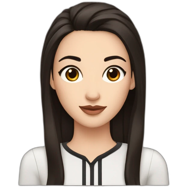 White women with long dark brown hair and long eyelashes dark brown eyes and thick dark brown eyebrows and Black dog with a white stripe on the neck with pointed ears raised up emoji