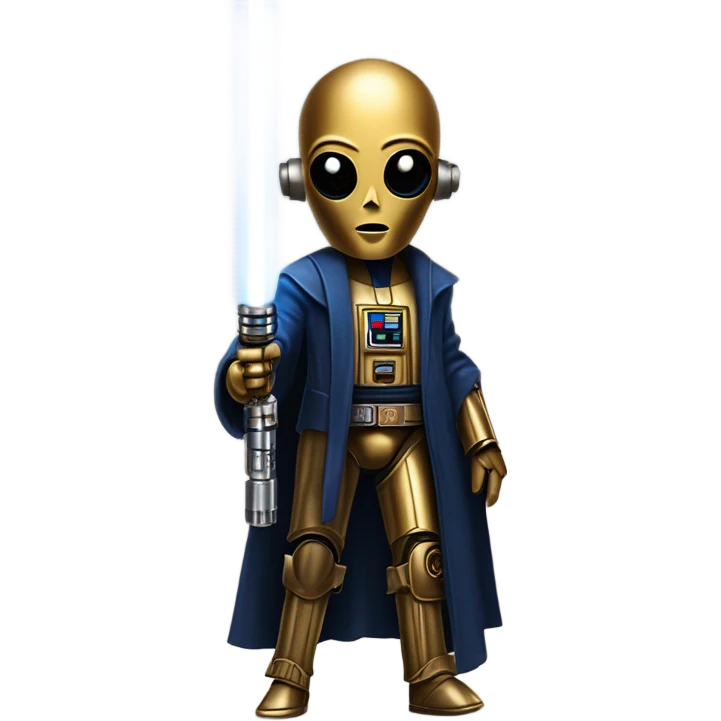 human-sized darkblue-pearl friendly bounty hunter c3po droid wearing a leather wild west duster coat holding light saber ready to fight but relaxed. antique emoji