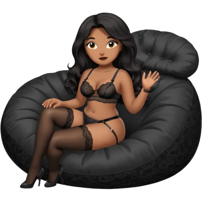 Curvy woman with brown skin with long wavy black hair, dark brown eyes. She's wearing a black lace lingerie, black lace thong, black stockings and suspender belt, she's sat on a big dark grey bean bag chair with her legs open and feet on the floor. She has her hands in her hair emoji