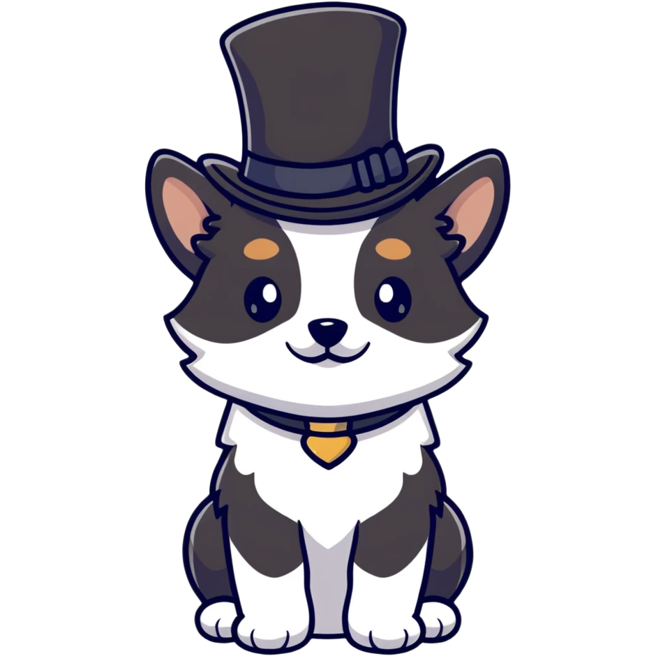 cute small tan and white dog with black nose, black round eyes, curly fluffy medium length hair, wearing a top hat emoji