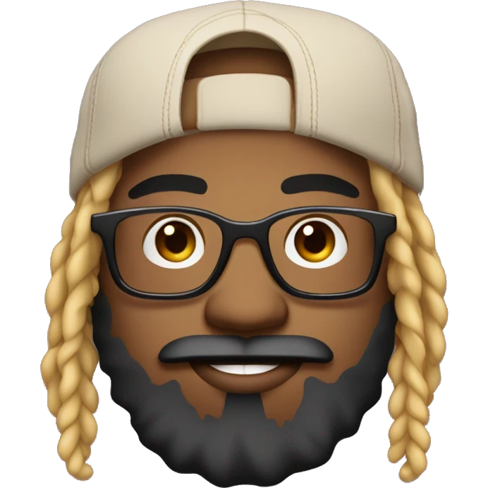 Guy with  blonde and black dreadlocks tied behind head, with big frame glasses, with beard and mustache, a trucker hat, septum ring, chubby cheeks, smiling showing teeth emoji