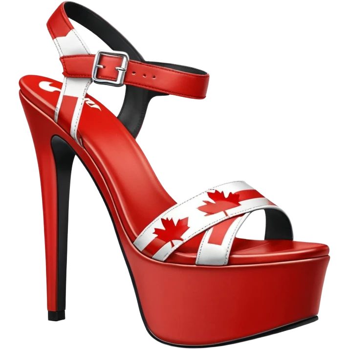 Pair of realistic 10 inch platform high heel sandals, with a canadian flag repeated pattern, still life view emoji