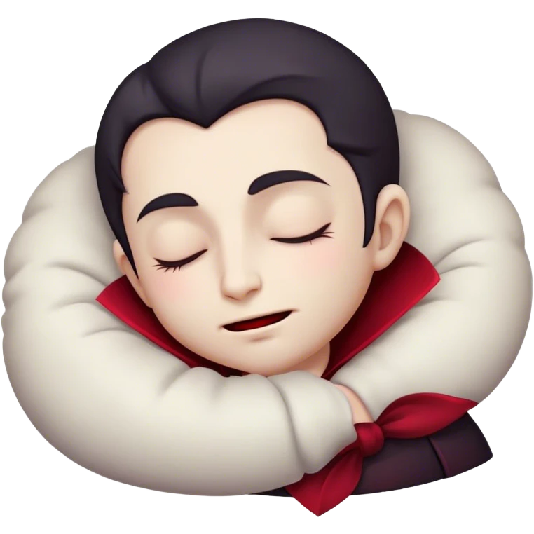 Meme-Worthy Cute Sleeping Vampire Portrait Emoji, with a refined, small, pale face softened by closed, serene eyes and a slight, peaceful smile, adorned in miniature elegant dark attire with a hint of fading crimson, simplified yet irresistibly adorable, highly detailed with a soft ethereal outline that captures the drowsy charm of a vampire in quiet nighttime slumber! emoji