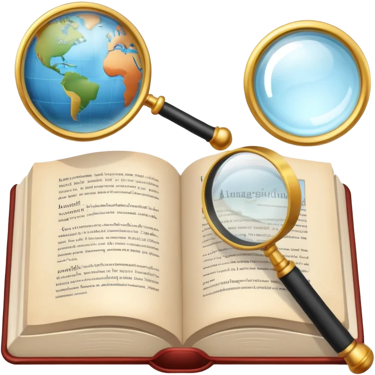 An icon featuring an open book, a speech bubble, and a magnifying glass, symbolizing the study of language and linguistics. The design includes letters, words, and a globe, representing the analysis of languages and communication across cultures. Transparent background. emoji
