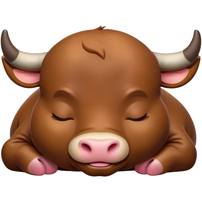 Meme-Worthy Cute Sleeping Brown Bull Portrait Emoji, Head resting peacefully with a contented smile, showcasing a robust, massive build and a luxuriously soft rich brown hide, eyes shut in a serene, restful nap, Simplified yet hilariously adorable features, highly detailed, glowing with a soft, drowsy light, high shine, relaxed and utterly lovable, stylized with an air of playful laziness, bright and heartwarming, soft glowing outline, capturing the essence of a comically sleepy guardian, so meme-worthy it feels like it could instantly become the next viral sensation of adorable slumber! emoji