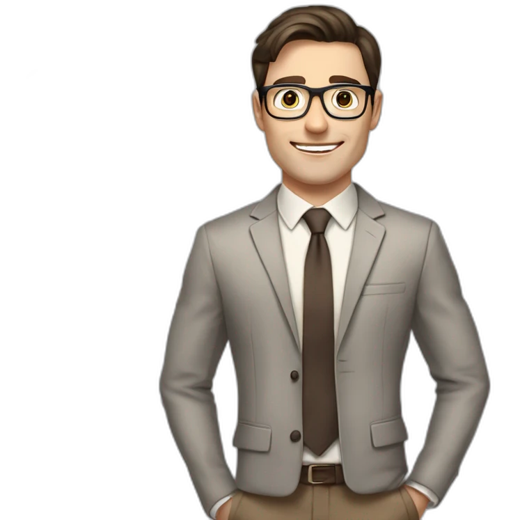 Pale skinned fit man with dark brown hair in gray jacket, beige office shirt, brown tie, brown pants and vintage glasses Writing text on the flipchart emoji