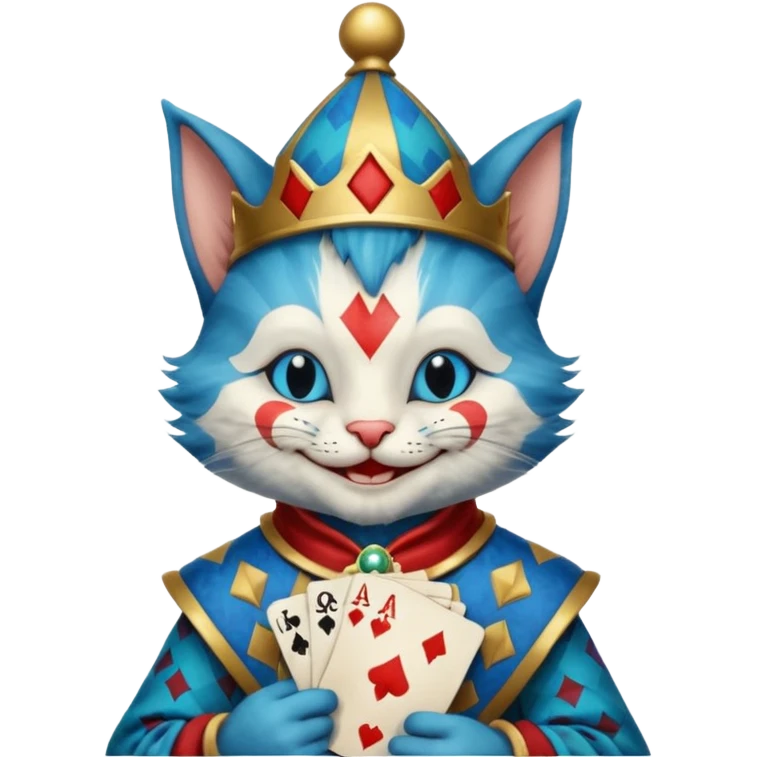 crazy colorful cute little cat jolly joker from poker, medieval, vintage, court jester, mac os icon, blue color, holds poker cards emoji