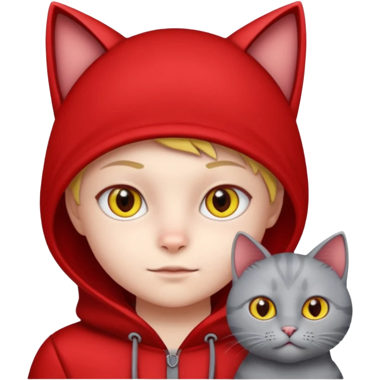 There is a kid wearing all red. Next to him there is a gray cat that has a red cat outfit and the cat has yellow eyes emoji