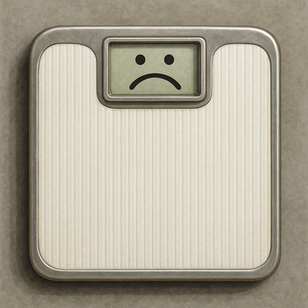 realistic illustration of a weighing scale with a sad face symbol on the display emoji