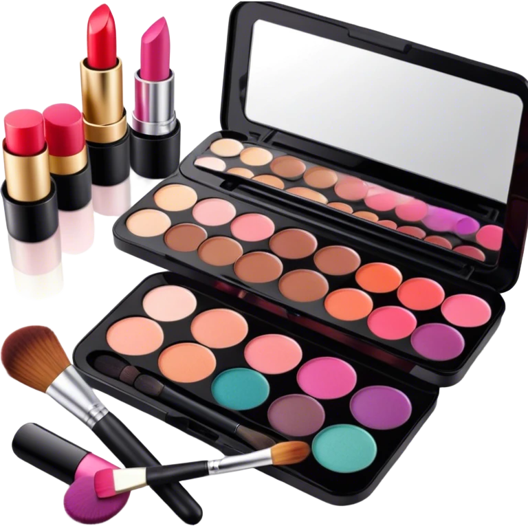 A photorealistic icon featuring makeup brushes, a lipstick being applied, an eyeshadow palette with colors in use and a compact mirror reflecting a half-done makeup look. The design captures the artistry and process of makeup with bright and realistic textures. Transparent background. emoji