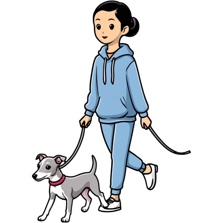 Pretty Asian girl walking a pure solid grey Italian greyhound with absolutely no white markings anywhere on the dog emoji