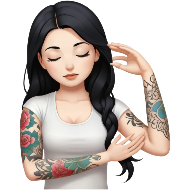 Yoga girl on a mat with white skin, long black hair and eyes closed, with just left arm tattooed and right arm NOT ttatooed, wearing white clothes emoji