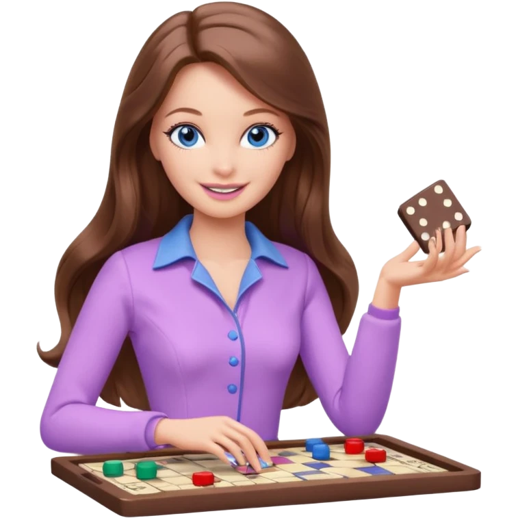 beautiful barbie girl with long brown hair, blue eyes and wearing light purple clothes playing board games emoji