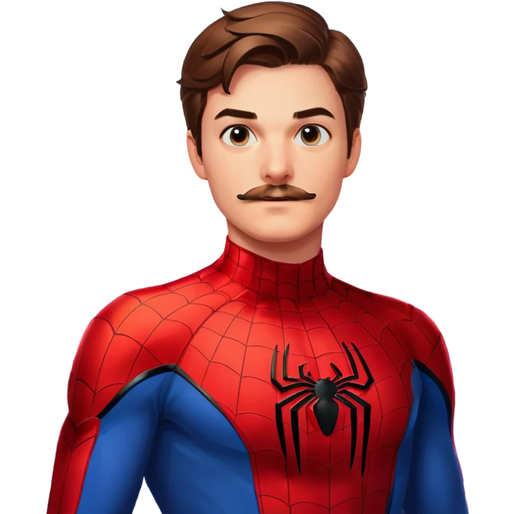 cartoon style, Peter Parker with mustache in Spiderman suit, city background, vibrant colors, 8k, high resolution emoji