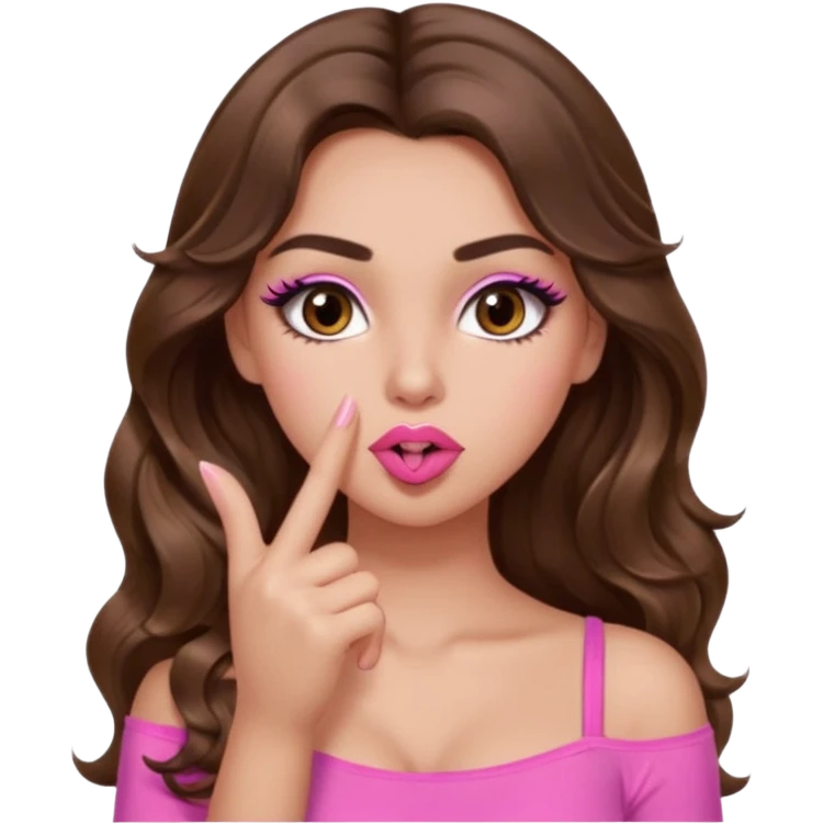 girl with long wavy brown hair, brown eyes, light to medium complexion, in a pink sexy top, pink lips, long lashes, shushing with one finger on the lips emoji