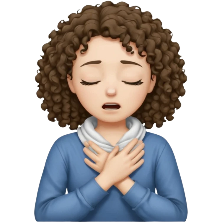 make a choking emoji with both hands wrapped around the neck and eyes closed make the skin tone white and shirt brunette curly hair emoji