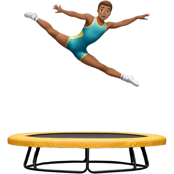 An athletic person soaring high above a trampoline, executing an acrobatic flip with perfect form. The scene captures motion and energy, with a dynamic pose, stretched limbs, and a focused expression. The background suggests a professional trampoline arena with safety padding. emoji