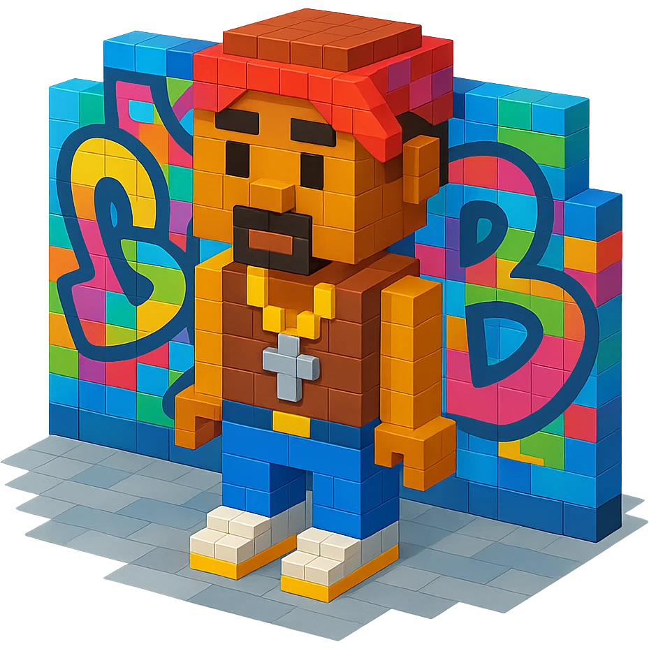 Lego 2Pac standing in front of a colorful graffiti backdrop, urban street vibe, detailed and vibrant emoji