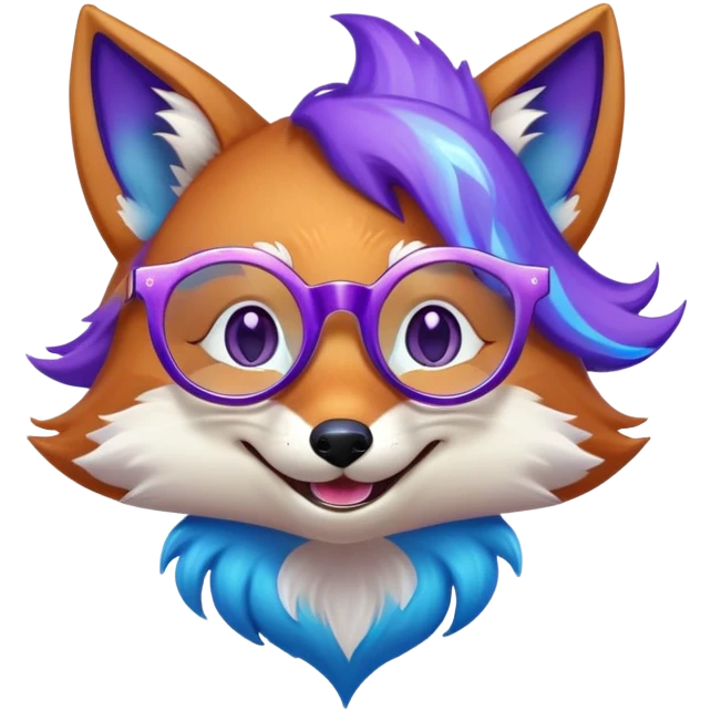 A magical fox with shimmering purple and blue fur, a glowing tail, a silver star on its forehead, and round glasses, laughing so hard that tears are streaming from its eyes. 🦊😂 emoji