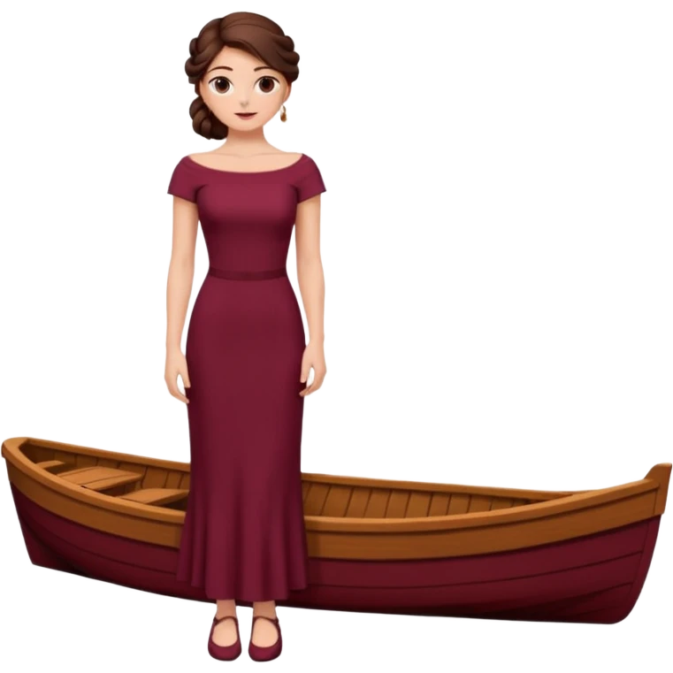 Chica blanca ,ojos marrones, vestido granate ajustado largo, escote barco cuerpo entero ,pelo muy largo y recogido zapatos abiertos emoji
