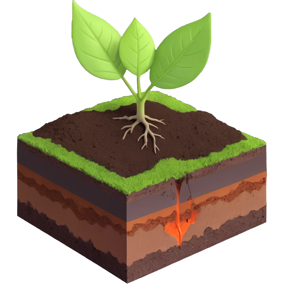 A fresh green leaf resting on the surface of a cross-section of the Earth, where soil and underground layers are visible beneath. Natural lighting, realistic textures. emoji