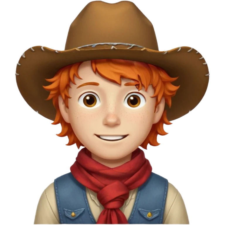 a wavy orange hair boy wearing a cowboy hat with a mischievous grin and freckles with western red scarf on his neck emoji