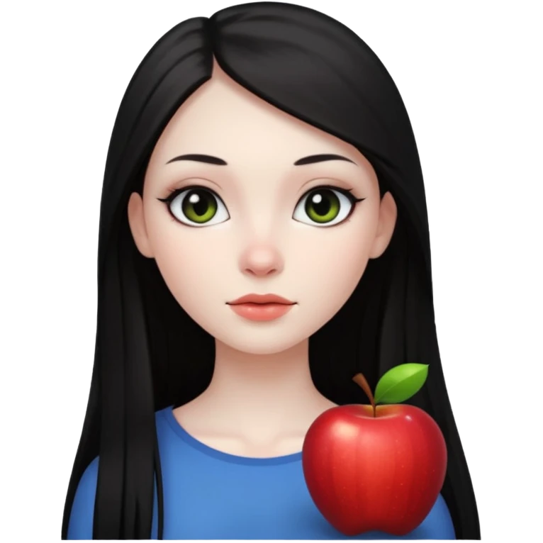 девушка с очень бледной кожей, темными длинными прямыми волосами без челки и черными макияжем глаз в стиле Apple avatar  emoji