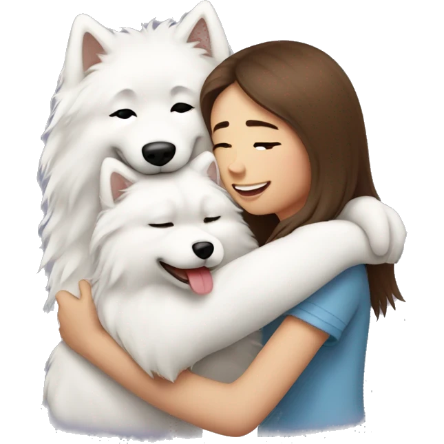 Girl with brown long hair hugging a boy samoyed and girl samoyed emoji