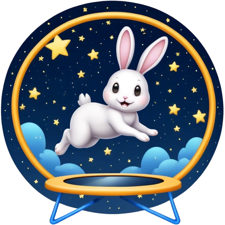 rabbit jumping on trampoline with starry sky and mirror emoji