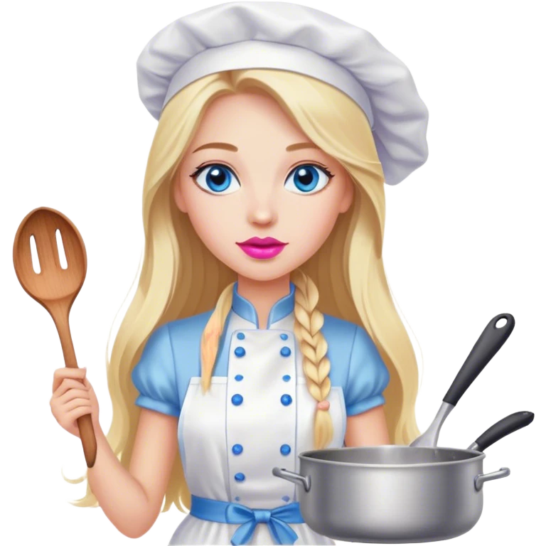 Cinematic realistic beautiful blonde with long hair, blue eyes and pink lips in a white dress cooks emoji