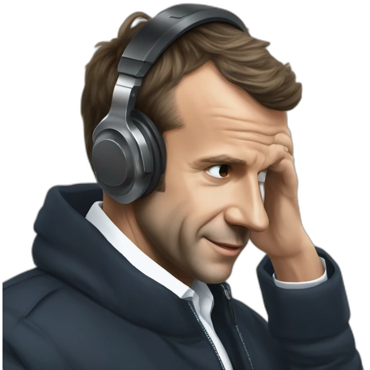 Emmanuel Macron using earphones vibing at the music emoji