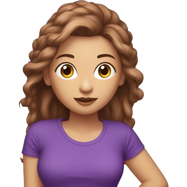 Femme aux cheveux longs châtains avec les yeux verts et marrons avec un t-shirt violet emoji