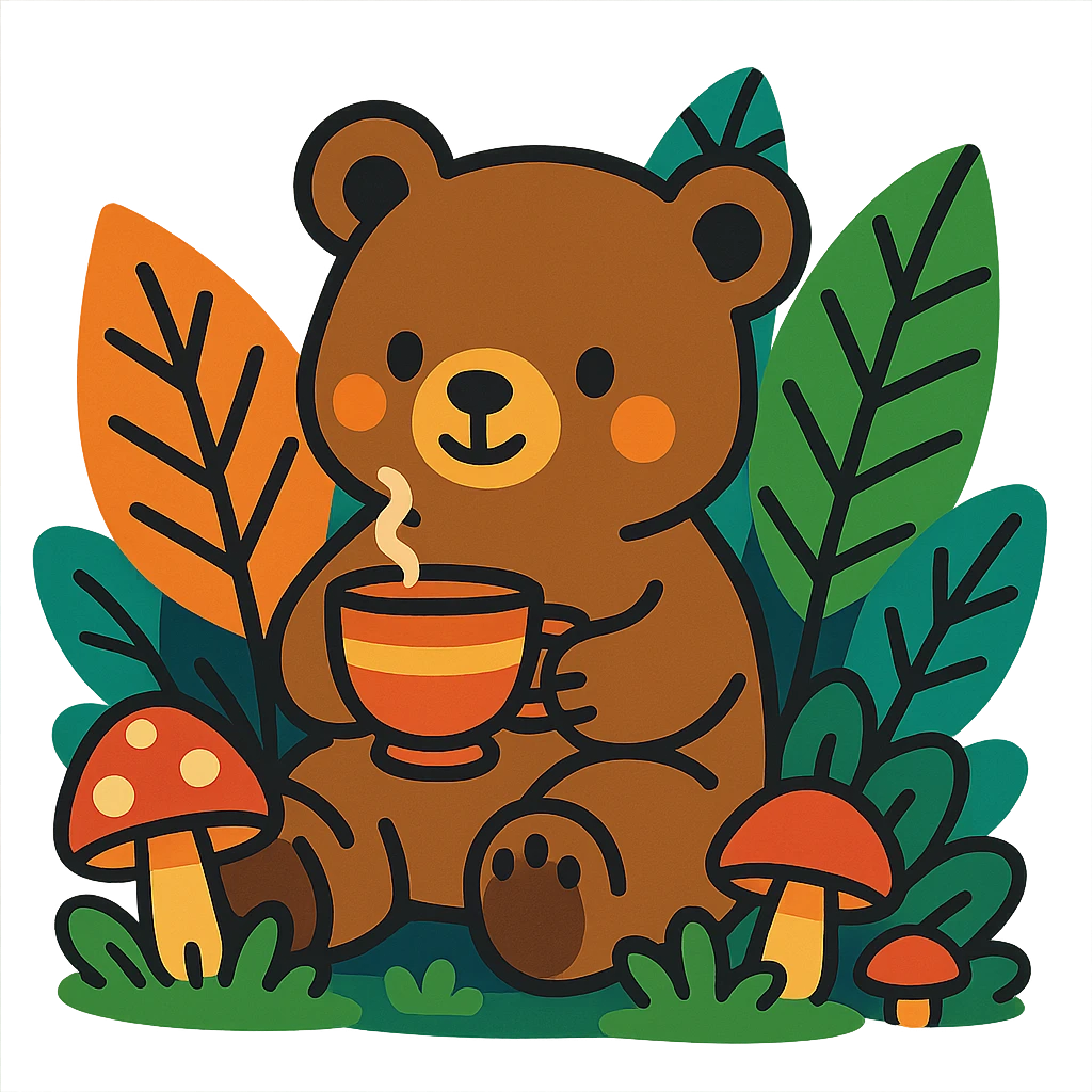 little bear sipping tea in the forest, surrounded by leaves and mushrooms, vibrant-toon style emoji