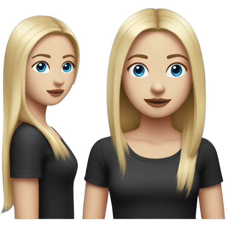 White skinned girl with medium length blonde straight hair with middle part and blue eyes with black shirt emoji