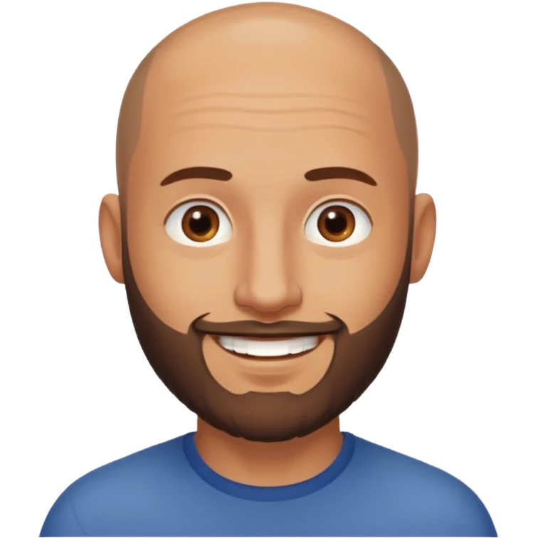 man, shaved head with stubbles, brown eyes, full beard, smiling emoji