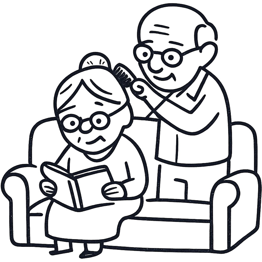 An elderly man combing the hair of an elderly woman sitting on a sofa reading a book emoji
