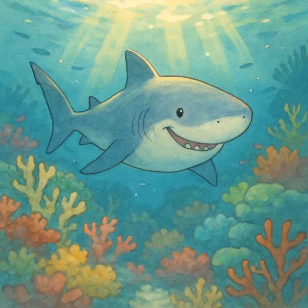 A friendly shark swimming through a beautiful underwater scene with coral reefs and sunlight filtering through the water, painted in a whimsical and soft style emoji
